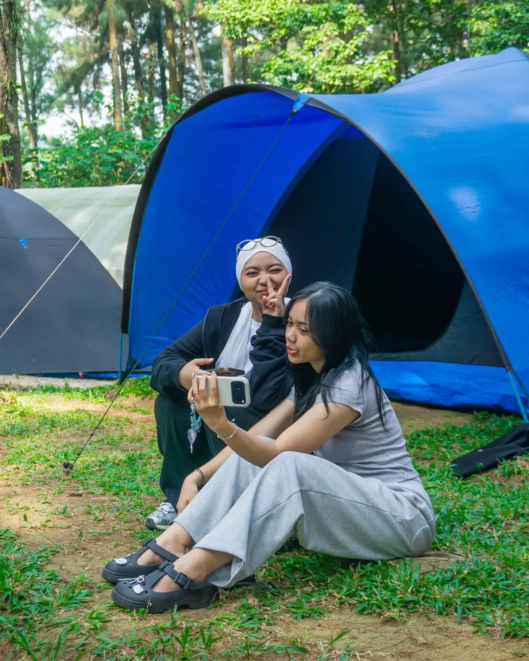 Tenda camping di tengah hutan pinus Gunung Pancar